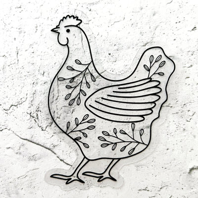 Line drawn hen clear vinyl sticker comes with a solid white backing by Simpliday Paper, Olga Nagorna.