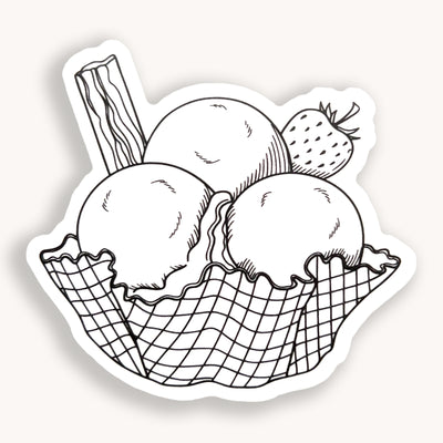 Line drawn ice cream in a waffle bowl clear vinyl sticker comes with a solid white backing by Simpliday Paper, Olga Nagorna.