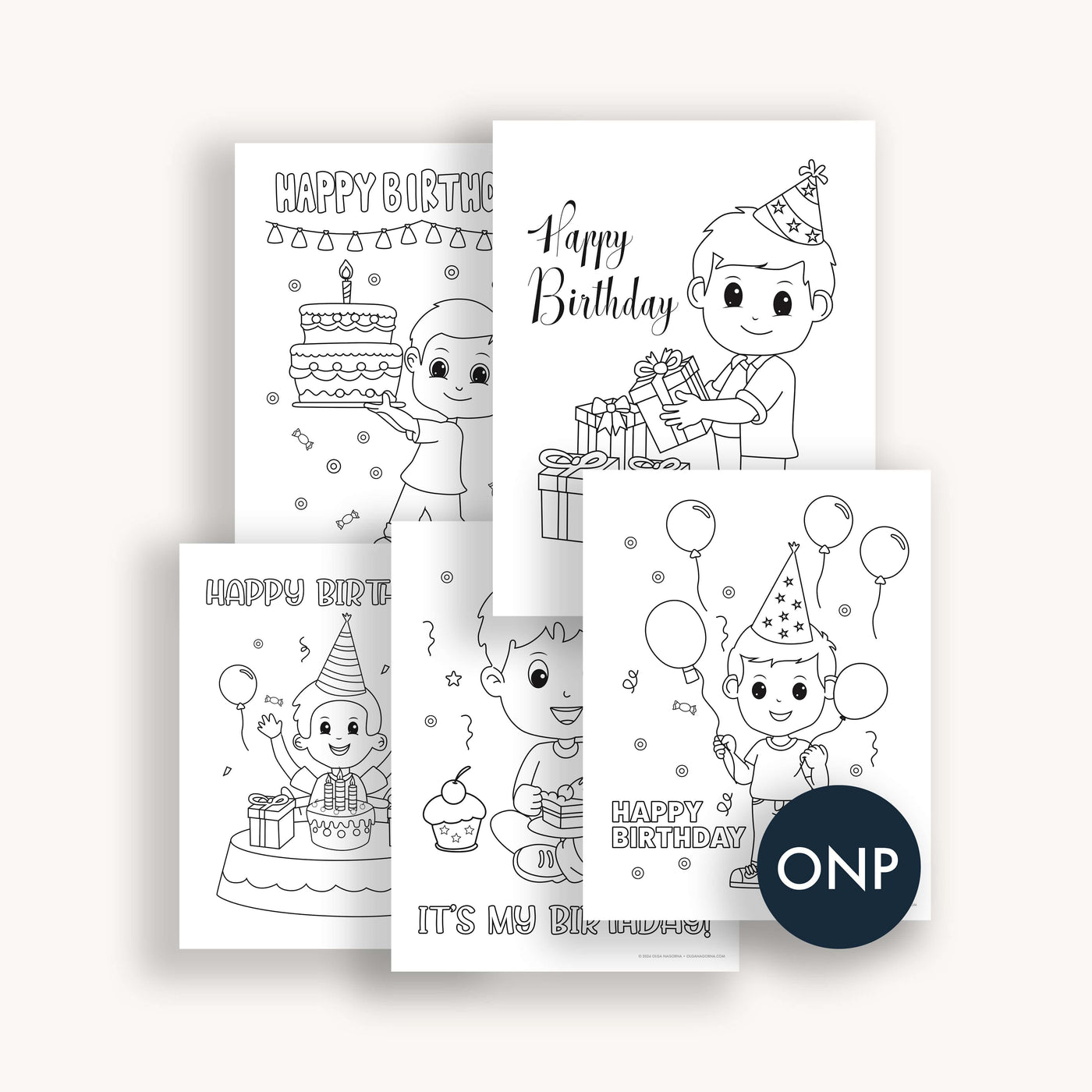 Birthday Coloring Pages for boys in black and white. A digital download, printable.