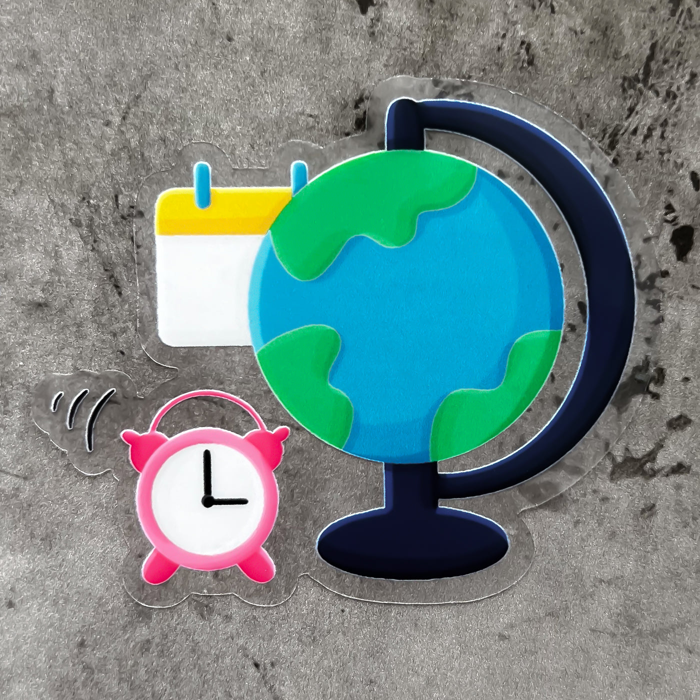 Globe, calendar and clock vinyl sticker, offered in classic white with white background and white border or clear sticker with a solid white backing, but is clear once the backing is removed. School stickers, office stickers by Simpliday Paper by Olga Nagorna.
