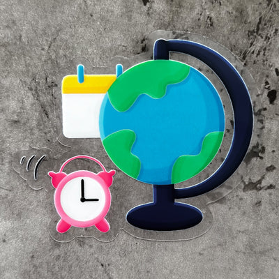 Globe, calendar and clock vinyl sticker, offered in classic white with white background and white border or clear sticker with a solid white backing, but is clear once the backing is removed. School stickers, office stickers by Simpliday Paper by Olga Nagorna.
