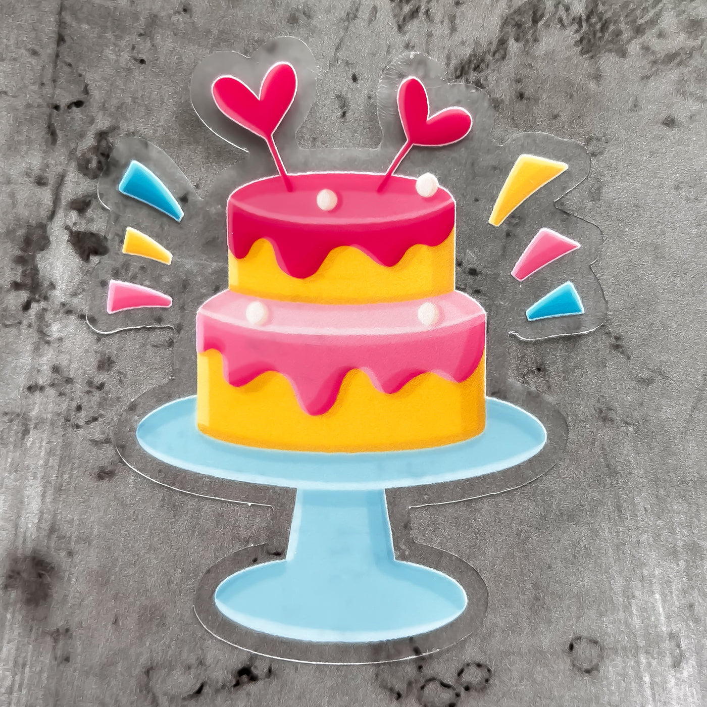 Tiered cake on a blue stand sticker, offered in classic white with white background and white border or clear sticker with a solid white backing, but is clear once the backing is removed. Dessert Stickers by Simpliday Paper by Olga Nagorna.