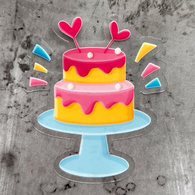 Tiered cake on a blue stand sticker, offered in classic white with white background and white border or clear sticker with a solid white backing, but is clear once the backing is removed. Dessert Stickers by Simpliday Paper by Olga Nagorna.