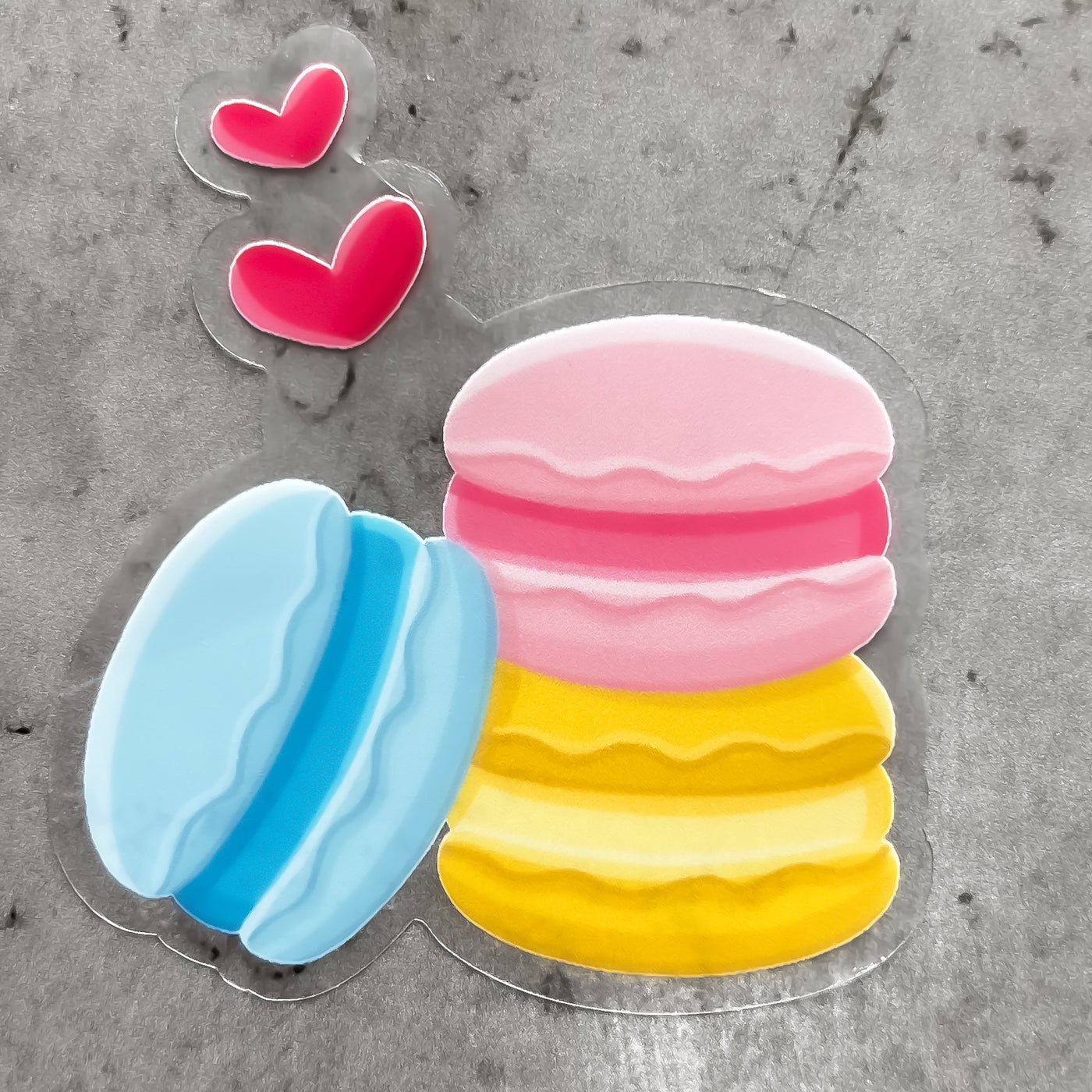 Set of 3 macarons sticker, offered in classic white with white background and white border or clear sticker with a solid white backing, but is clear once the backing is removed. Dessert stickers by Simpliday Paper by Olga Nagorna.