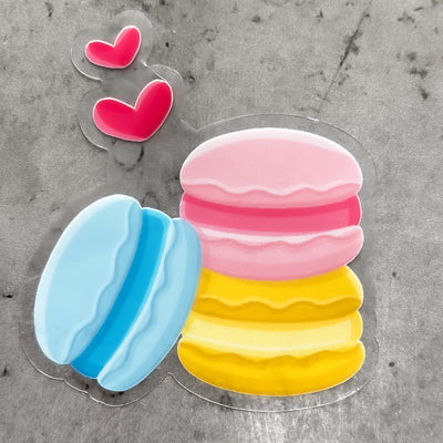 Set of 3 macarons sticker, offered in classic white with white background and white border or clear sticker with a solid white backing, but is clear once the backing is removed. Dessert stickers by Simpliday Paper by Olga Nagorna.