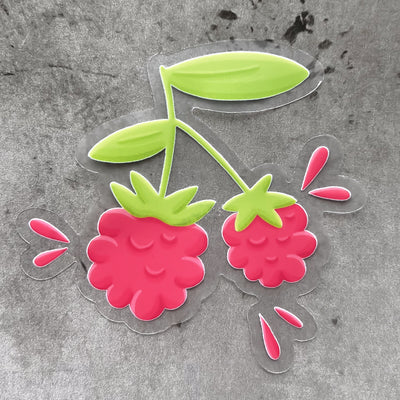 Raspberries vinyl sticker, offered in classic white with white background and white border or clear sticker with a solid white backing, but is clear once the backing is removed. Food stickers by Simpliday Paper by Olga Nagorna.