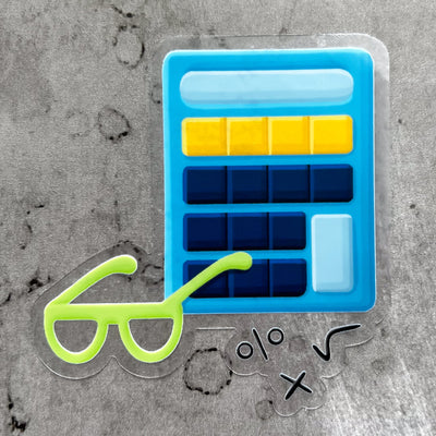 Blue calculator vinyl sticker, offered in classic white with white background and white border or clear sticker with a solid white backing, but is clear once the backing is removed. Vinyl stickers for notebooks by Simpliday Paper by Olga Nagorna.