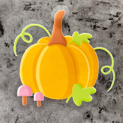 Pumpkin vinyl sticker, offered in classic white with white background and white border or clear sticker with a solid white backing, but is clear once the backing is removed. Food stickers by Simpliday Paper by Olga Nagorna.