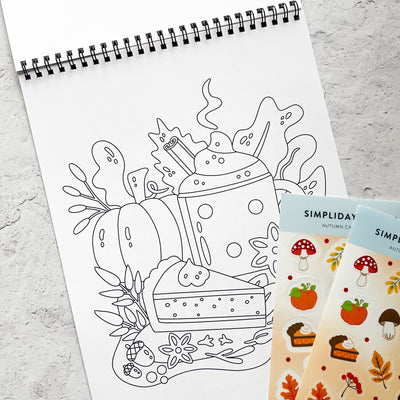 Color your way through autumn, a coloring book filled with pumpkin spice moments and cozy scenes, including fall bookstore and fall bakery.