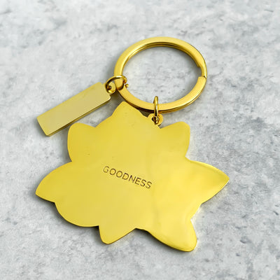 Garden blueberries metal keychain is made out of hard enamel, filled and sealed. Each one is durable and waterproof. The back side of keychain features a word "GOODNESS" on solid gold background, that can work as a tiny mirror.
