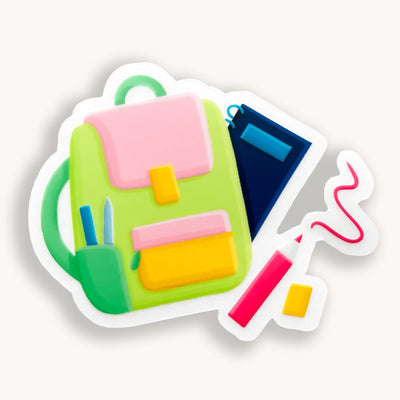 Green and pink backpack vinyl sticker, offered in classic white with white background and white border or clear sticker with a solid white backing, but is clear once the backing is removed. School stickers by Simpliday Paper by Olga Nagorna
