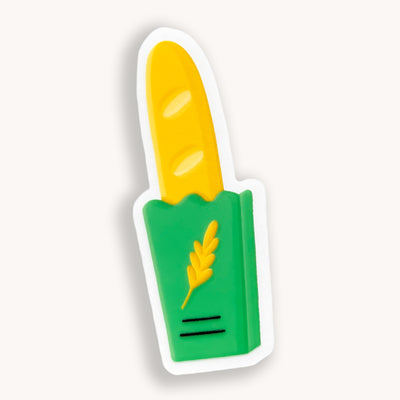 Baguette vinyl sticker, offered in classic white with white background and white border or clear sticker with a solid white backing, but is clear once the backing is removed. Bread sticker by Simpliday Paper by Olga Nagorna.