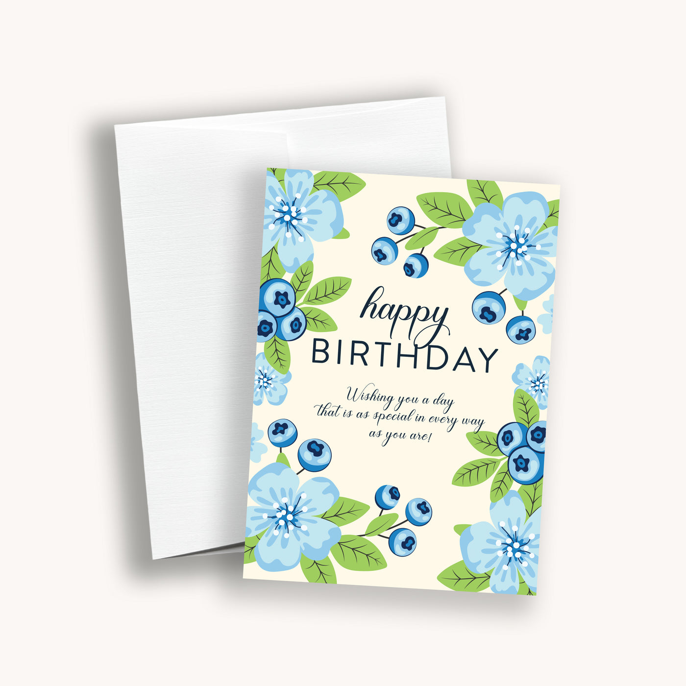 The perfect Birthday card. This Garden Blueberries card is light yellow color with mix of blues, A7 size with blank white interior and comes with a white linen envelope. Drop one in the mail or include as the perfect finishing touch to any Simpliday Paper gift!