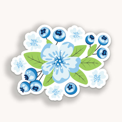 Florals and blueberries clear vinyl sticker by Simpliday Paper by Olga Nagorna comes with a solid white backing, but is clear once the backing is removed.