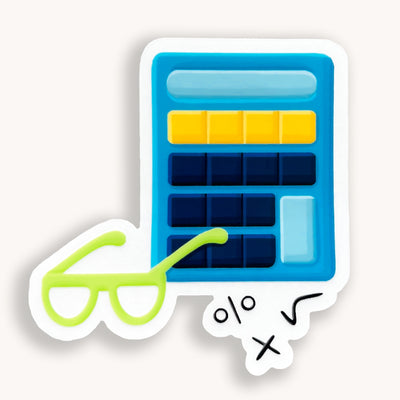 Blue calculator vinyl sticker, offered in classic white with white background and white border or clear sticker with a solid white backing, but is clear once the backing is removed. Vinyl stickers for notebooks by Simpliday Paper by Olga Nagorna.