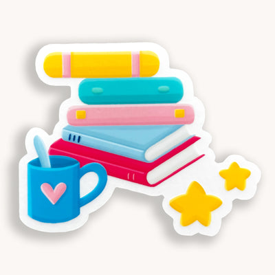 Stack of books with cup of tea or coffee vinyl sticker, offered in classic white with white background and white border or clear sticker with a solid white backing, but is clear once the backing is removed. Can be used on water bottles, cups, binders, notebooks and more. Simpliday Paper by Olga Nagorna
