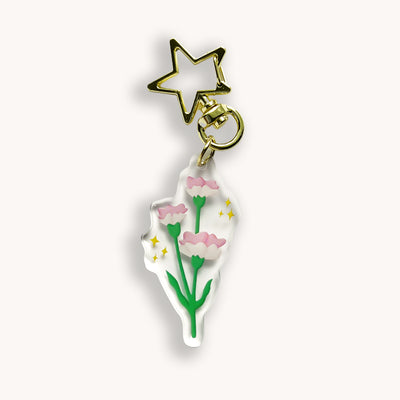 Pink carnations acrylic keychain. Double-sided, backside is the same design, but reversed.