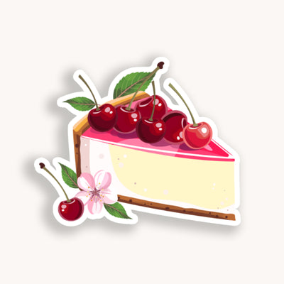 Sticker of a slice of cake with cherries on a white background.