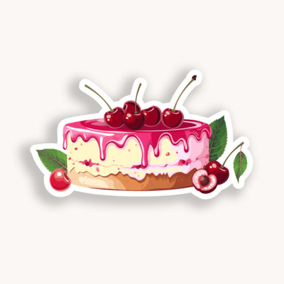 Sticker of a cake with pink icing and cherries on a white background.