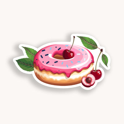 Sticker of a donut with pink icing and cherries on a white background.