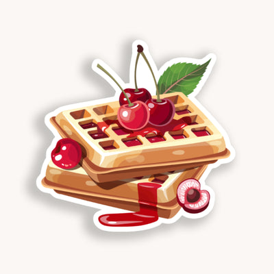 Sticker of a waffle with cherries on a white background.