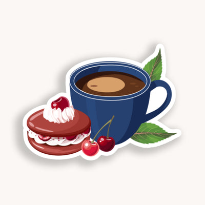 Illustration of a blue coffee cup, cake, cherries, and mint leaves on a white background.