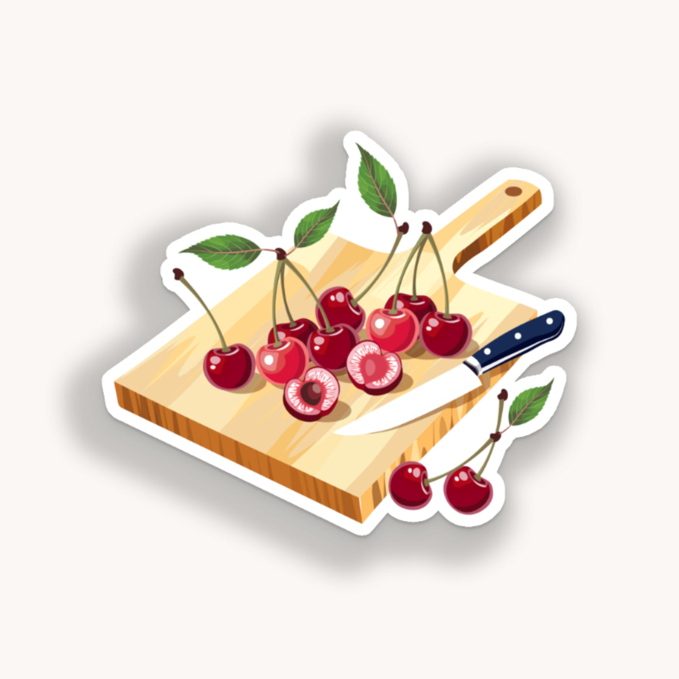 Sticker of cherries on a cutting board with a knife on a white background.
