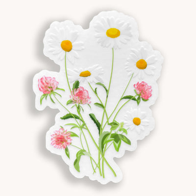 Daisy and pink blooms bouquet clear vinyl sticker by Simpliday Paper, Olga Nagorna.
