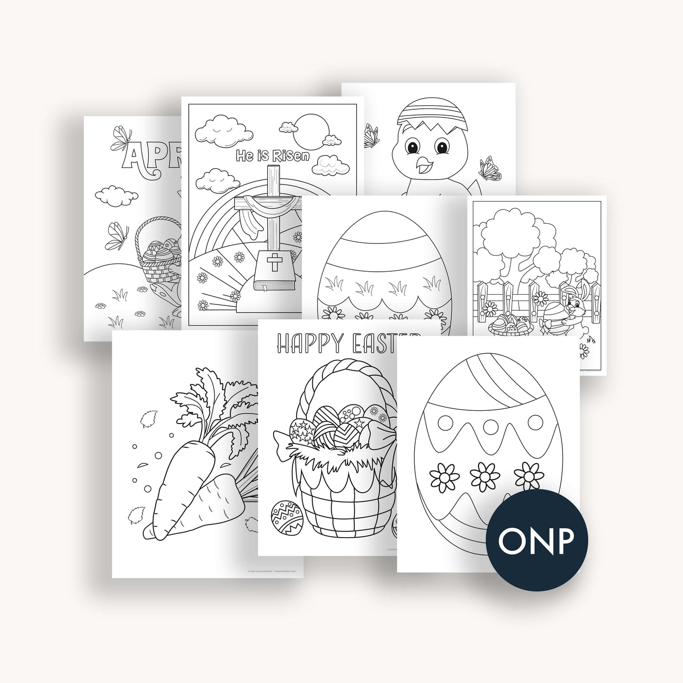 Simpliday Paper by Olga Nagorna Easter coloring pages: Easter basket, cracking chick, bunny and egg, He is Risen.