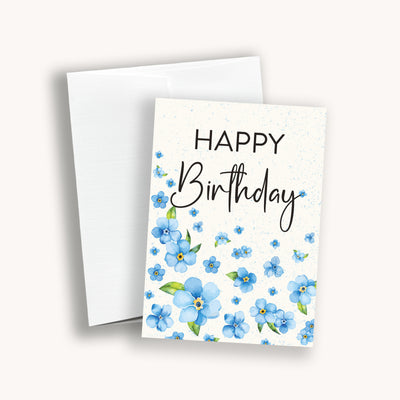 The Forget-me-not Birthday greeting card is sized A7 with blank white interior and comes with a white linen envelope. Drop one in the mail or include as the perfect finishing touch to any Simpliday Paper gift!