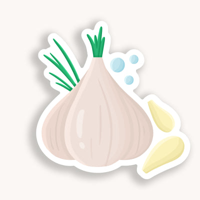 Garlic vinyl sticker, offered in classic white with white background and white border once the backing is removed. Can be used on recipe binders, mobile phones, water bottles, cups, binders, notebooks and more.