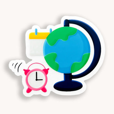 Globe, calendar and clock vinyl sticker, offered in classic white with white background and white border or clear sticker with a solid white backing, but is clear once the backing is removed. School stickers, office stickers by Simpliday Paper by Olga Nagorna.