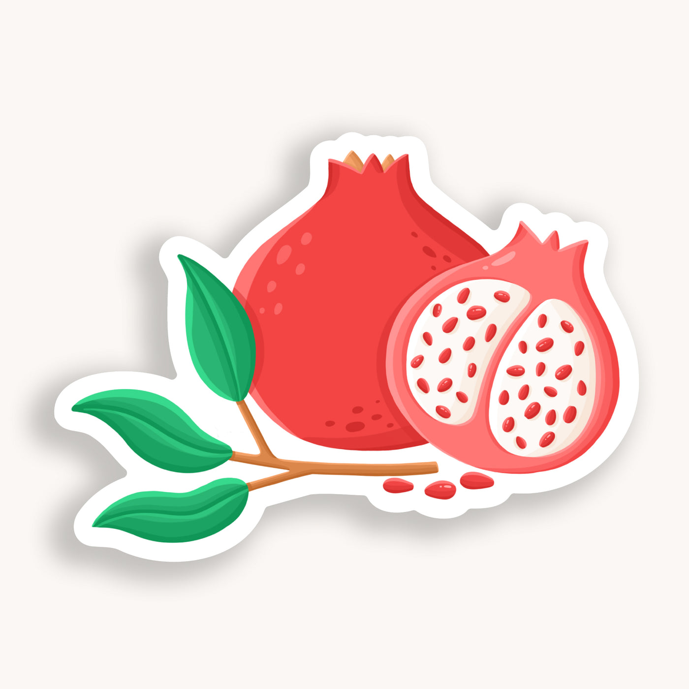 Pomegranate vinyl sticker, offered in classic white with white background and white border once the backing is removed.