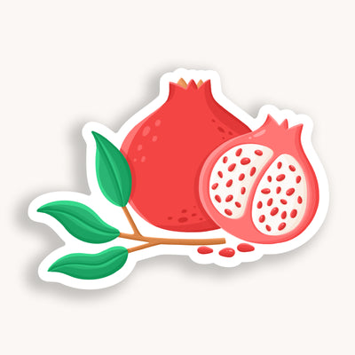 Pomegranate vinyl sticker, offered in classic white with white background and white border once the backing is removed.