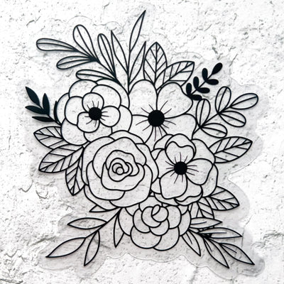 Line drawn bouquet of flowers clear vinyl sticker comes with a solid white backing by Simpliday Paper.