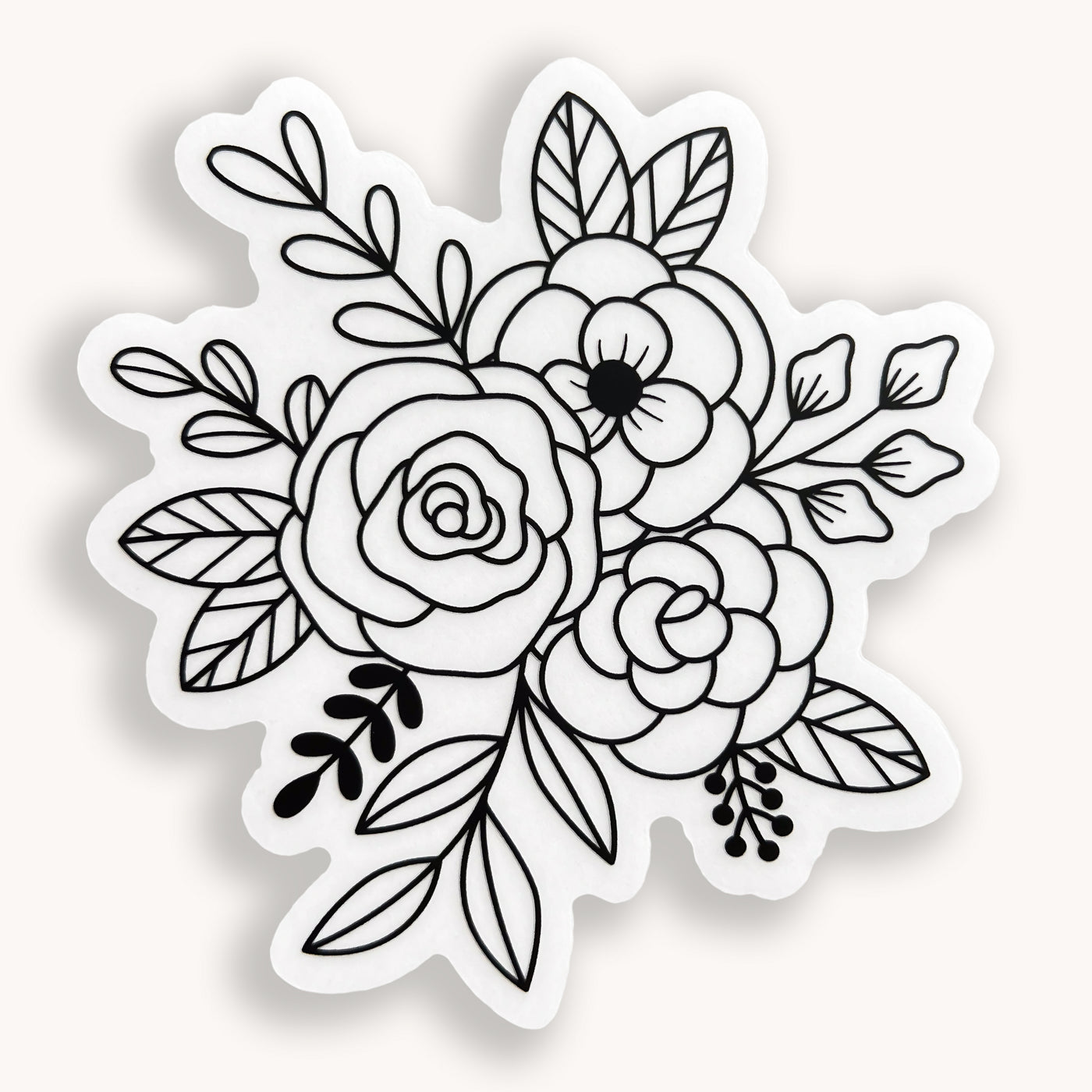 Line drawn bouquet of flowers clear vinyl sticker comes with a solid white backing by Simpliday Paper Olga Nagorna.
