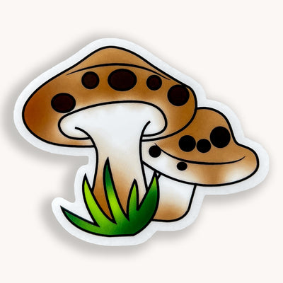 Brown mushroom with green grass clear vinyl sticker by Simpliday Paper Olga Nagorna Paper.