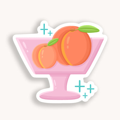 Peaches vinyl sticker, offered in classic white with white background and white border once the backing is removed. 