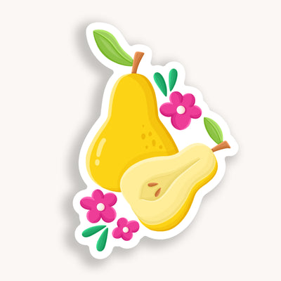 Pear vinyl sticker, offered in classic white with white background and white border once the backing is removed.