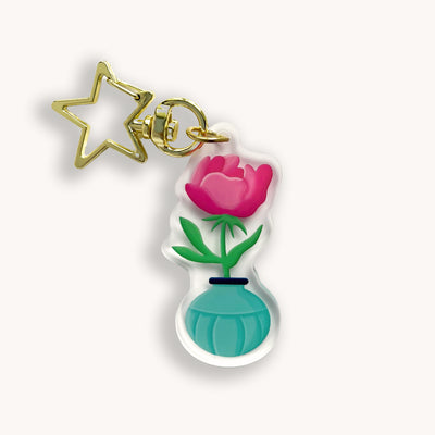 Pink peony acrylic keychain. Double-sided, backside is the same design, but reversed.