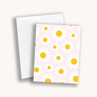 Daisies on pink background greeting card 4.25" x 5.5" by Simpliday Paper, Olga Nagorna.