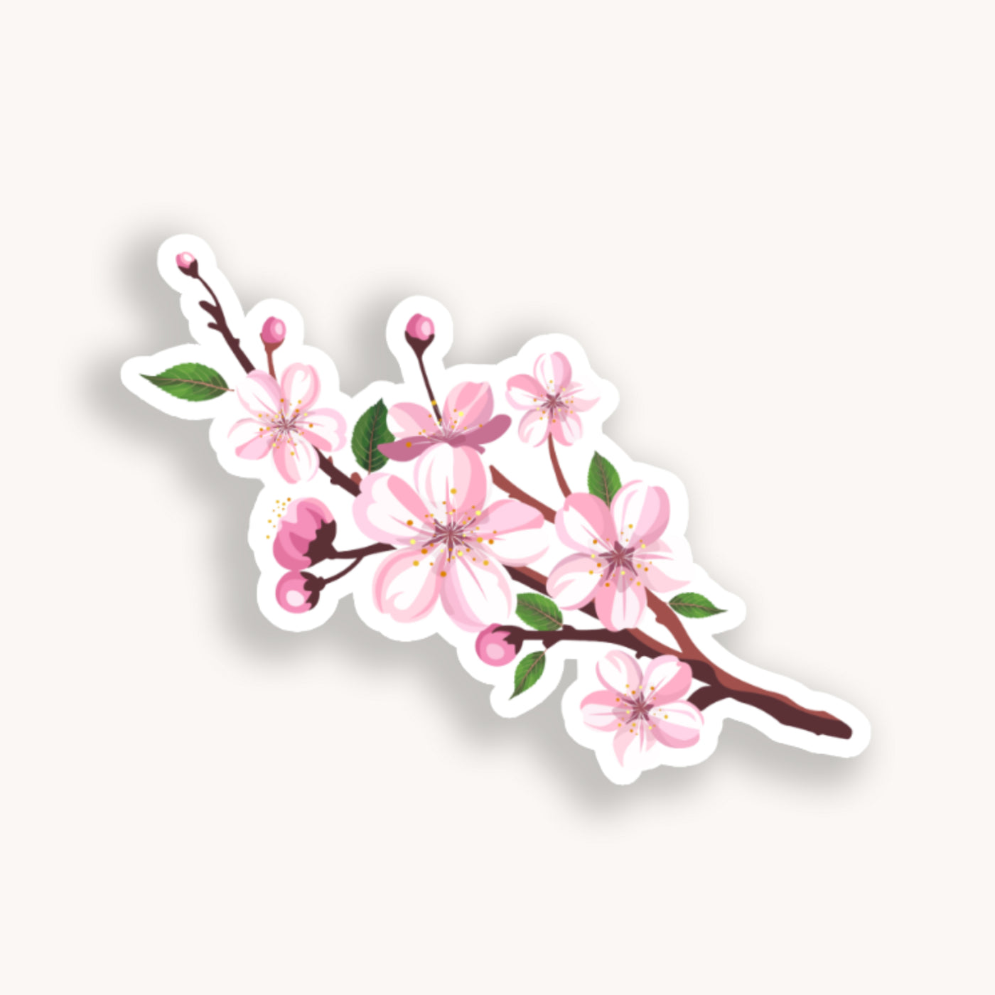 Sticker of a cherry blossom branch with pink flowers on a white background.