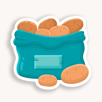 Potatoes vinyl sticker, offered in classic white with white background and white border once the backing is removed.