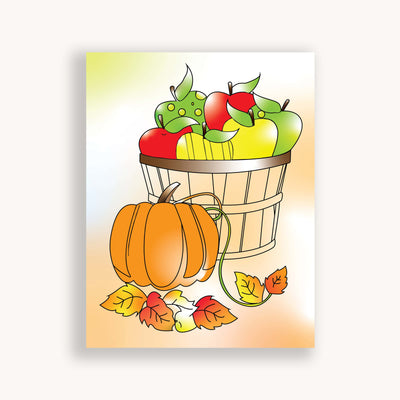 Basket with apples and pumpkin for fall coloring page by Simpliday Paper.