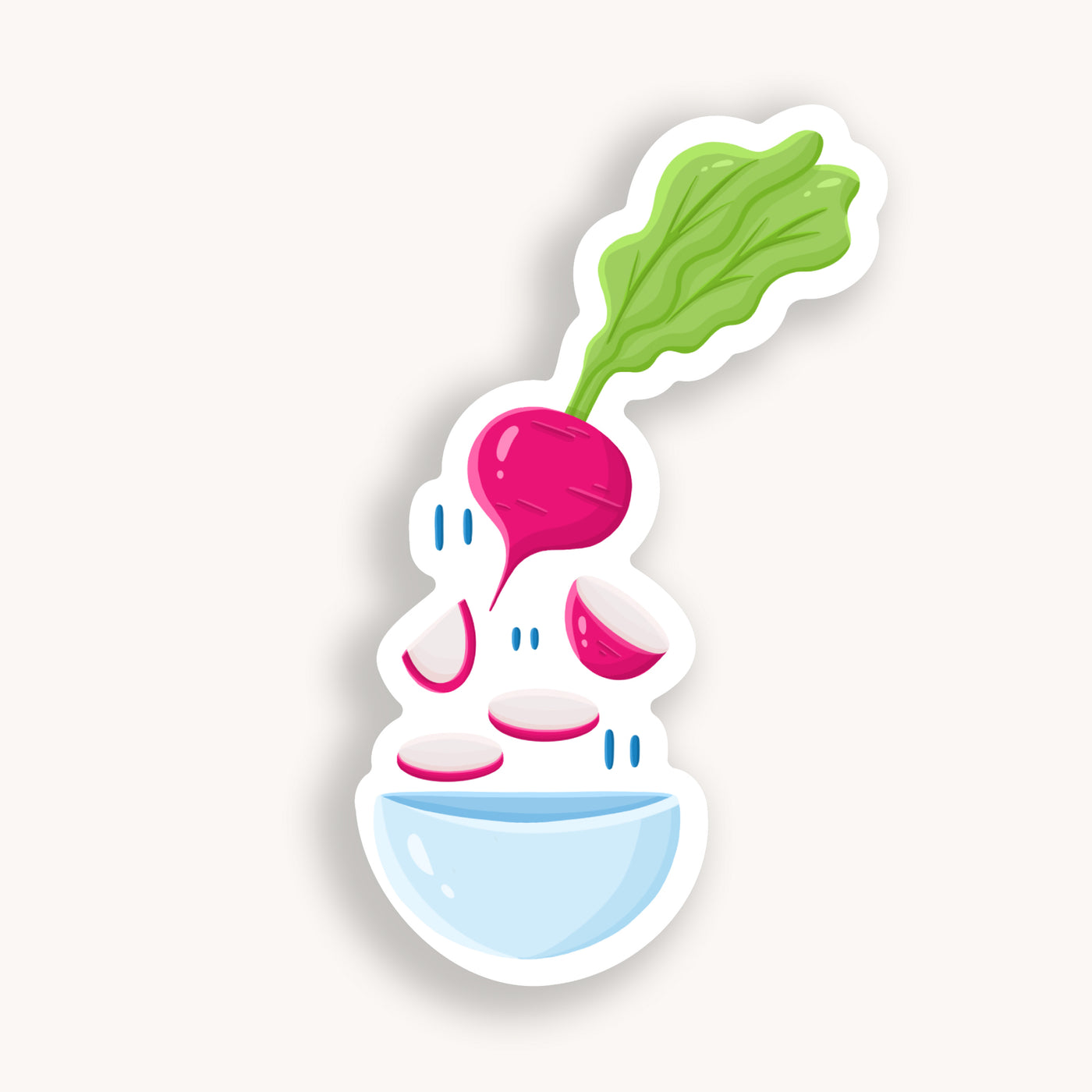 Radish vinyl sticker, offered in classic white with white background and white border once the backing is removed.