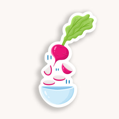 Radish vinyl sticker, offered in classic white with white background and white border once the backing is removed.