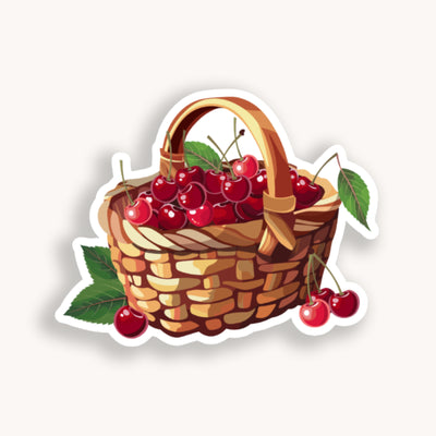 Sticker of a wicker basket filled with red cherries on a white background.