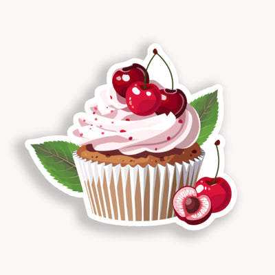 Illustration of a cupcake with pink frosting and cherries on a white background.
