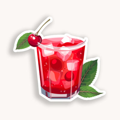Sticker of a red cocktail with ice and a cherry on a white background.