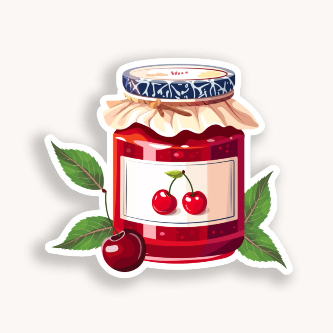 Sticker of a jar of red jam with cherry design on a white background.